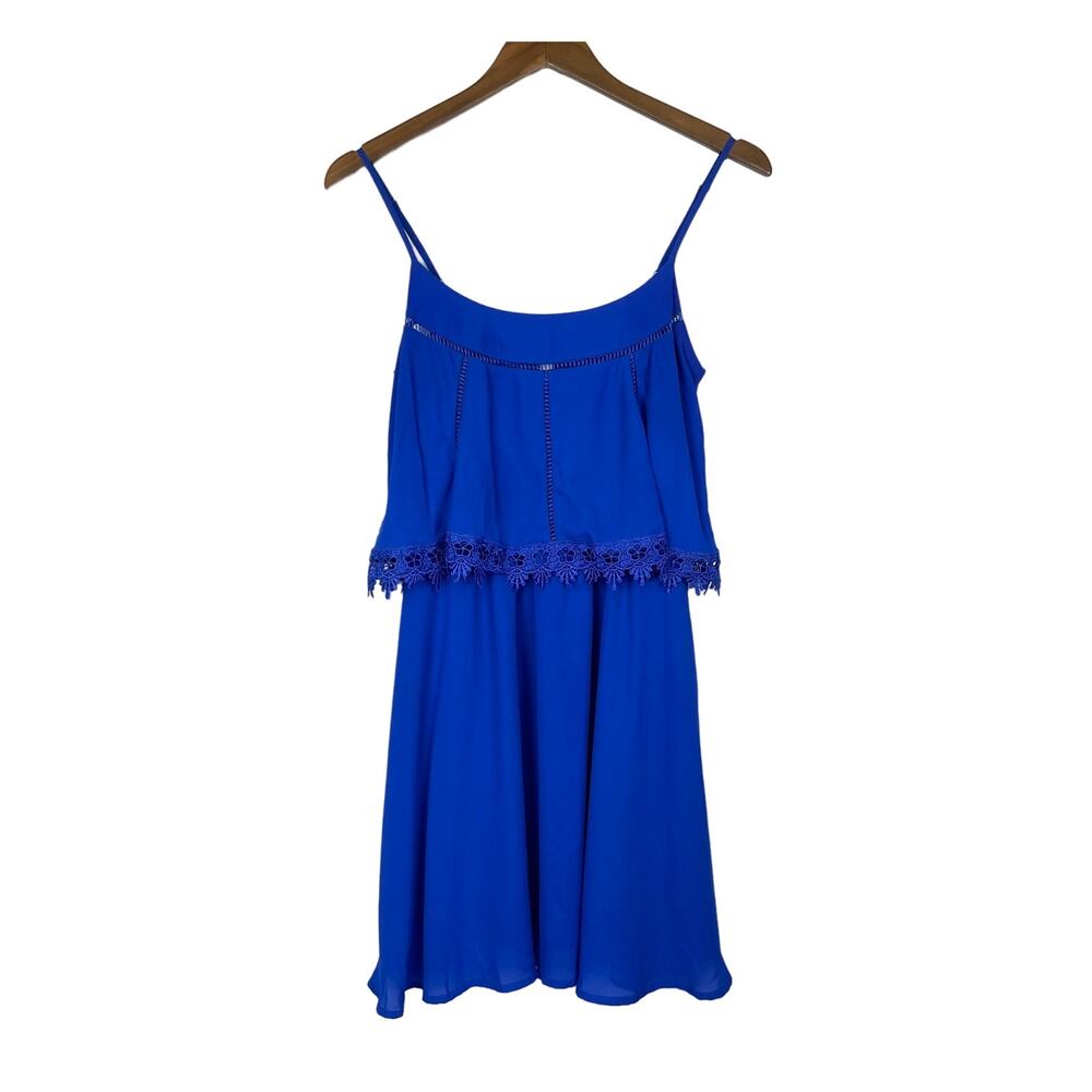 Gianni Bini Cobalt Blue Layered Lace Trim Sleeveless Blouson Feminine Mini Dress